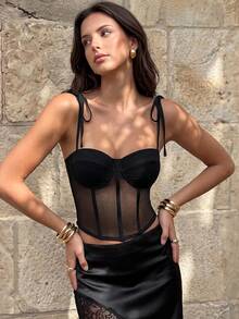 Modelyn Women's Mesh Patchwork Sexy Sheer Casual Outing Camisole Top Halloween Summer Bra Corset Black Y2k Tube Top Party Club - Black - View 2