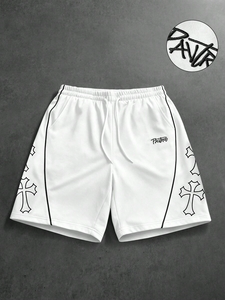 PAVTROS Men's Summer Casual Cross Embroidery Shorts - White - View 1