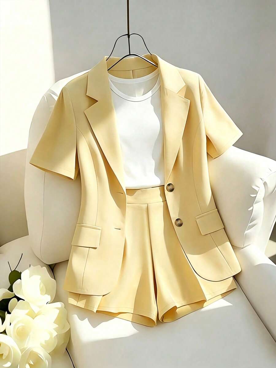 Franclia 大码女式简约新款浅黄色短袖开衫上衣和宽松短裤两件套,春夏款 - 淡黃色 - 查看 1