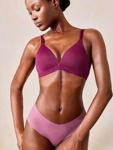 Veilyse 1pc V-Shaped Women Comfortable Wireless Soft Cup Solid Color Bra - Burgundy - View 8