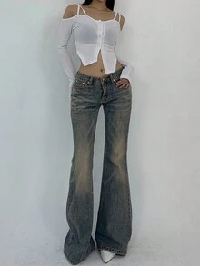 DAZY 女款水洗復古韓系寬鬆喇叭牛仔褲小個子版 - 藍色 - 查看 7