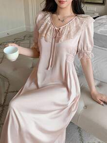 DAZY Camisón elegante para mujer con volantes de encaje en contraste y lazo delantero - Rosa vieja - Ver 5