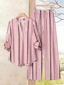 Rusticease Women's Pink And White Striped Rolled Sleeve Shirt And Pants Casual Two Pieces Set Travel Autumn - Khaki - View 4