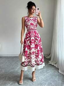 Elenzga Fashionable Sleeveless Full-Print Women's Dress - Red - View 6