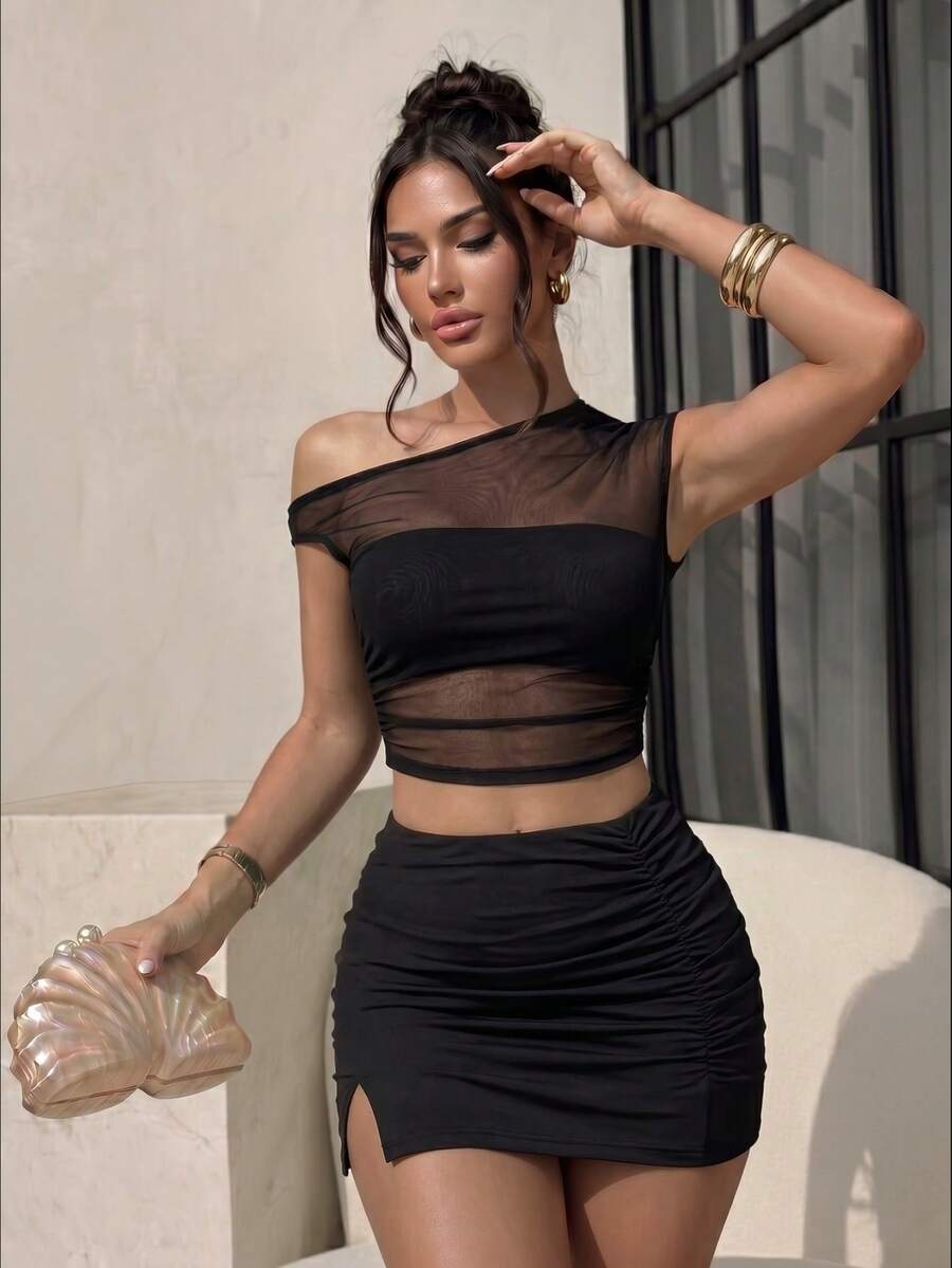 Sirith 2pcs Women Solid Color Mesh Crop Top And Mini Skirt Sexy Set - Black - View 1