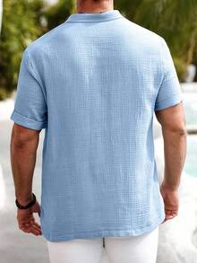 Manfinity Homme Men's Casual Cotton-Linen Shirt Summer Hengli Collar Polo Shirts For Men Cotton - Dusty Blue - View 2