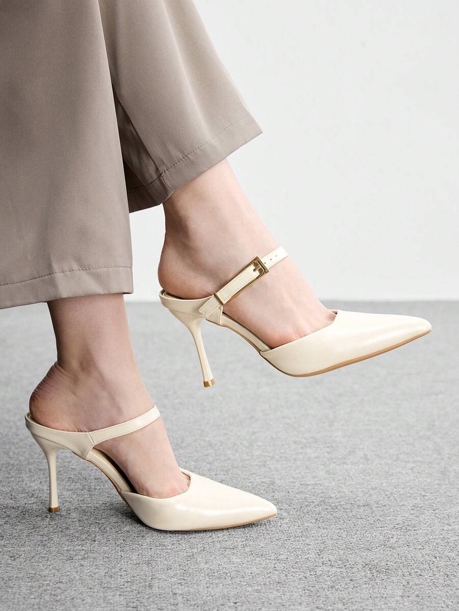 CUCCOO BIZCHIC Women's Spring And Summer New Simple Metal Buckle Pointed High Heels White Back Thin Heel Sandals Commuter Versatile Model - White - View 1