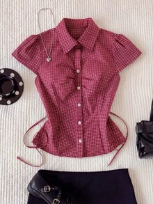 Comfortcana Plus Size Women's Plaid Short Sleeve Single Breasted Casual Shirt - Red - View 7