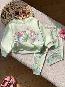 SHEIN Baby Mädchen süßes lässiges gestricktes grünes Cartoon-Muster Langarm Sweatshirt und elastische Taille lange Hose Set - Grün - Übersicht 9