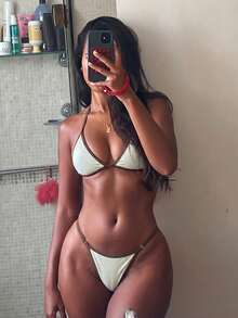 Costavie 女款夏季海灘拼色掛脖綁帶性感比基尼三角泳褲兩件式泳裝套裝 - 米色 - 查看 9