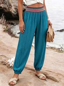 Ceyna Plus Size Women's Autumn New Long Pants, Cuffed Hem, Textured Knit Fabric, Waistband Patchwork, Thin Harem Pants, Loose Fit, Beach Dusty Blue Boho - Teal Blue - View 7