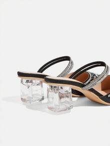 CUCCOO TILAWA Sepatu hak tinggi wanita berwarna hitam dengan hiasan kristal dan rhinestones yang modis dan elegan, cocok untuk perjamuan, pesta, dan acara lainnya. - hitam legam - View 4