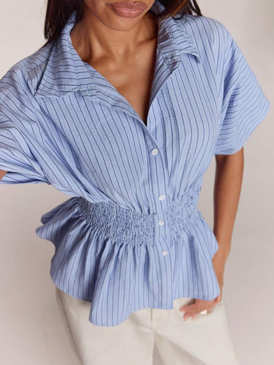 SHEIN BAE 女款夏季休閒條紋蝙蝠袖抽褶腰部襯衫 - 藍色 - 查看 1