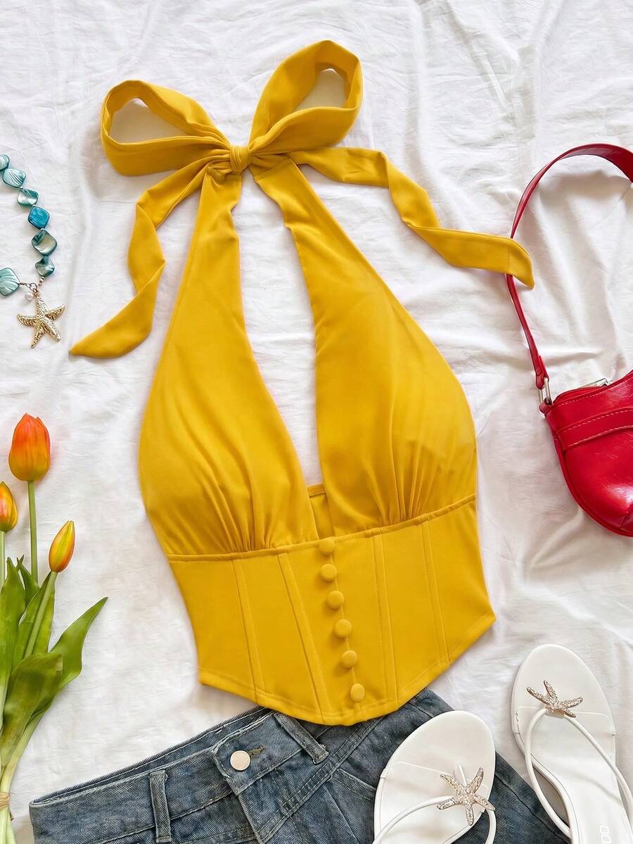 Soleia Spring/Summer New Back To School Casual Vacation Western Beach Wedding Guest Outfit Graduation Brunch Women's Clothing St. Patrick's Day Spring Break - Yellow - View 1
