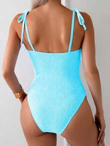 SHEIN Swim 女款條紋肩部綁帶連身泳衣，適合度假 - 天藍色 - 查看 2