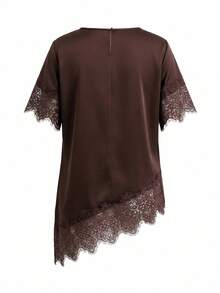 SHEIN Clasi 女款素色蕾絲拼接不對稱下擺上衣與裙子兩件套 - 棕色 - 查看 3