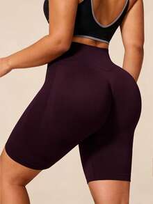 BamGleam Women's Plus Size Solid Color High Waist Seamless Slim Fit Sports Shorts Gym Sports Dark Purple Summer - Purple - View 5