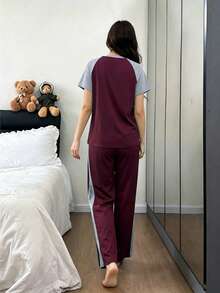 Napfluff Conjunto de pijama casual de pantalón largo y manga raglán para mujer - Rojo - Ver 2