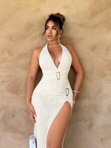Sirith Deep V-Neck, Waist Ruched, Metal Decor Button, High Slit, Sleeveless, Textured Long Dress, Sexy - Apricot - View 5