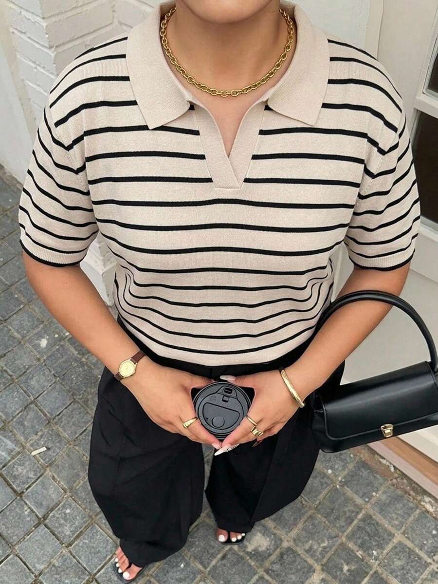 Dazy Plus Fun Commuter Colorblock Patchwork Polo Collar Casual Short Sleeve Plus Size Women Spring Summer Knit Top - Black and White - View 1