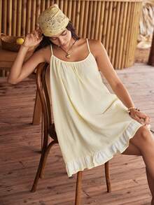 Lullawish Bohemian Pure Cotton Spaghetti Strap Nightgown - Yellow - View 3