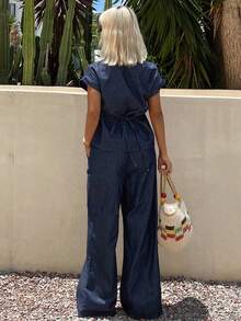 DAZY Solid Color Loose Knot Short Sleeve Shirt Wide Leg Pants Casual Matrix Vacation Autumn Outfit Women Denim Set Going Out Formal Blue - Blue - View 2