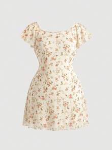 SHEIN MOD Plus Women's Allover Floral Print Ruffle Armhole Knot Front Dress - Apricot - View 2