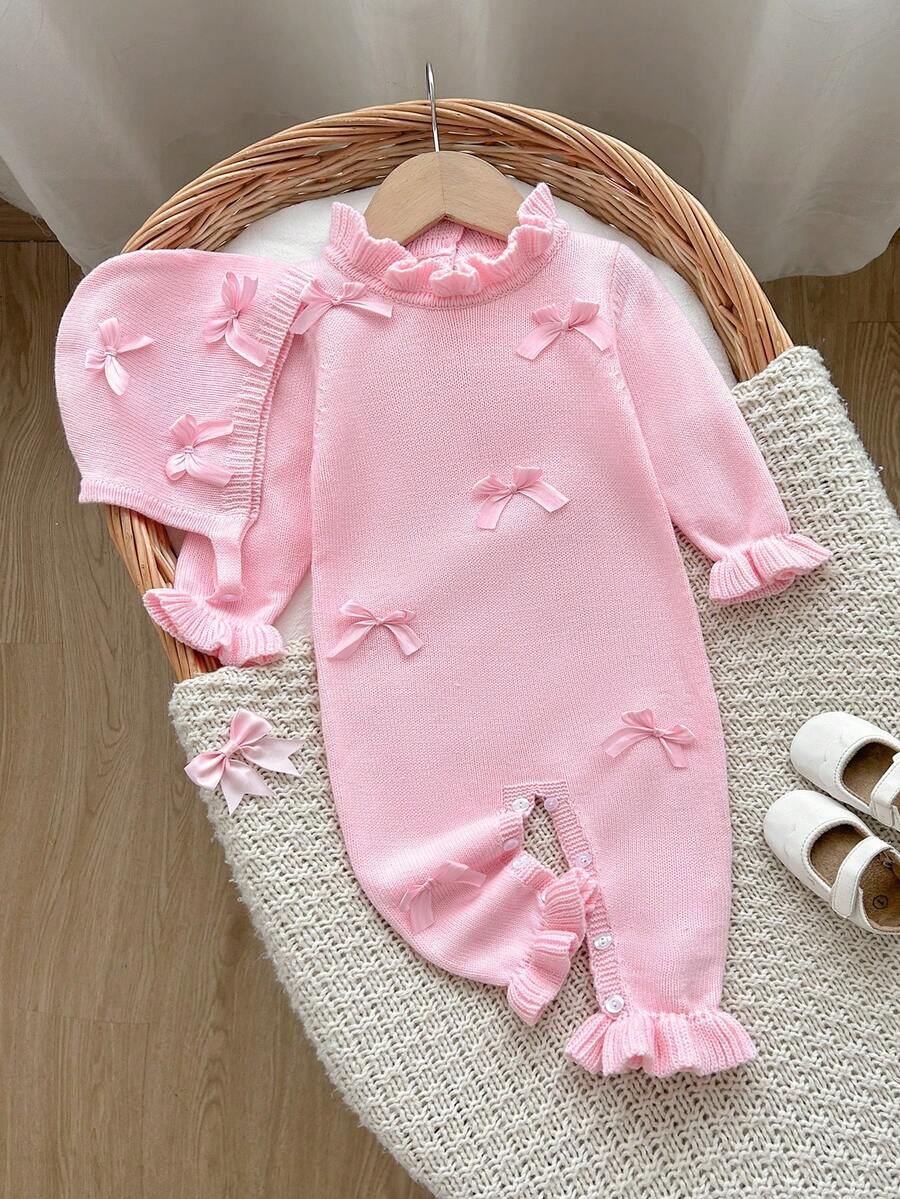SHEIN 女婴两件套粉色套装,新生儿毛衣连体衣,优雅甜美泡泡袖粉色蝴蝶结设计,女婴连体衣,女婴长袖连体衣,秋冬季婴儿针织衫,舒适新生儿女婴套装,适合6-9个月女婴,赠送帽子,2件套 - 粉色 - 查看 1