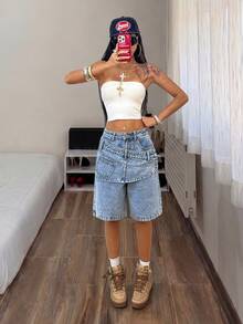 StreetHx Women's Deconstructed Design Pocket Loose Casual Streetwear Knee Length Denim Shorts Everyday Light Blue Summer - Blue - View 4