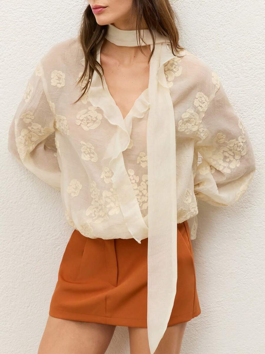 CielaLinda Women's Embroidered Lantern Sleeve Ruffle V-Neck Scarf Blouse - Apricot - View 1