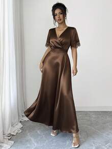 Elenzga Women's Solid Color Elegant Lace Patchwork V-Neck Dress - Coffee Brown - View 7