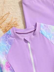 SHEIN Tween Girls 3-Piece Knit Mermaid Print Zip-Up Short Sleeve Top And Shorts Swimwear With Cap,Purple Suitable For Beach Vacation,Set - Purple - View 3