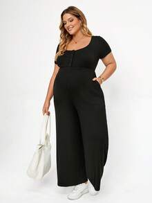 Plussiva 大尺碼孕婦純色鈕扣設計短袖寬腿連身褲 - 黑色 - 查看 5