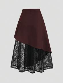 Sweetra Women's Spring/Summer Black Asymmetrical Cutout Lace Patchwork Blazer Skirt, Slimming Mid-Length - Burgundy - View 2
