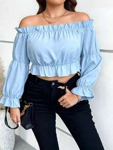 Vionelle Blusa corta con volantes y mangas con hombros descubiertos. Top peplum. - Neblina azul - Ver 5