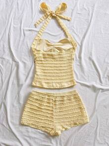 SHEIN Tween Girl Tween Girls Vacation Holiday Solid Yellow Textured Knit Beach Vacation Casual Starfish Halter Top Tank & Shorts 2 Pieces Set - Yellow - View 2