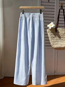 Sunnyshic Women's Spring/Summer Yellow & White Striped Straight Leg Pants With Gathered Waist, Casual Beach Vacation Stroll, Shopping, Date, Commute, Minimalist Daily Home Wear, Versatile - Blue - View 3