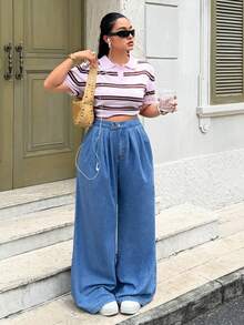 Rivivi High Waist Loose Pleated Double Button Plus Size Denim Jeans Light Blue Summer Simple - Blue - View 3