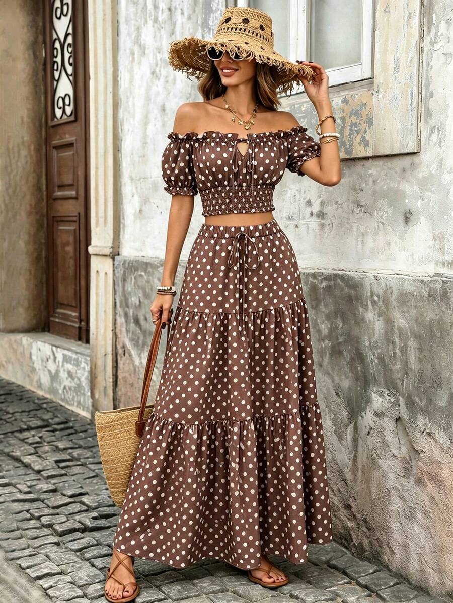 Breezaya Women's 2-Piece Set With Off-Shoulder Puff Short Sleeve Tie Design, Cropped Top And Layered Ruffle Cake Skirt - Coffee Brown - View 1