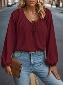 Plus Size Spring/Autumn Casual Solid Color Lantern Sleeve Shirt Fall Cloth For Women - Burgundy - View 5