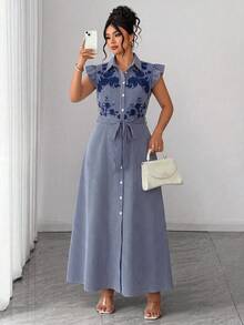 Elenzga Abito-blusa estivo da donna taglie forti, elegante e casual, stile europeo & americano da pendolare, con maniche a volant, vita stretta, gonna a trapezio, fiocco arricciato, vintage e glamour, adatto per festival musicali, pendolarismo, shopping - Blu Navy - Visualizzare 6