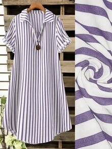 SHEIN Tall CURVE 大尺碼女款法式休閒夏季短袖V領長版洋裝 - 紫色 - 查看 1
