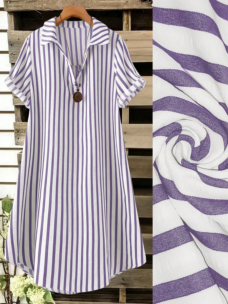 SHEIN Tall CURVE 大尺碼女款法式休閒夏季短袖V領長版洋裝 - 紫色 - 查看 1