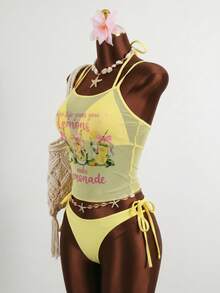 Bellisia Women's Casual Vacation Lemon Print Camisole Yellow Bikini Set Elegant Tank Top Women's Beachwear Women's Beach Bikini Summer 2026 Women's Summer Holiday, Graduation Season, Wedding Season, Back To School Season, Easter Season Party And Lunch Cute Casual Summer Camisole - Sweet, Romantic, Country Style - Yellow - View 7