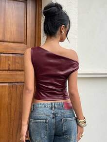 Siren Gaze Women's Sexy Elegant PU Material Metal Buckle Ruched Asymmetric Neck Tank Top Club Party Rave Night Out Rave Burgundy Summer - Burgundy - View 3
