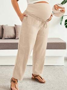 Plussiva 大尺碼孕婦可調腰帶綁帶休閒度假長褲附口袋 - 卡其色 - 查看 1