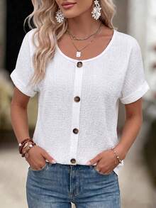 SHEIN Solid White U-Neck Short Sleeve Blouse, Textured Fabric Top With Decorative Button Front For Women Brunch Summer Casual - White - View 8