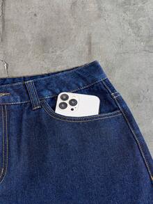 AXEPEAK Celana Pendek Denim Kasual Pria Model Vintage Niche dengan Bordir Bunga, Potongan Longgar dan Lebar, Cocok untuk Musim Panas - Navy Blue - View 6