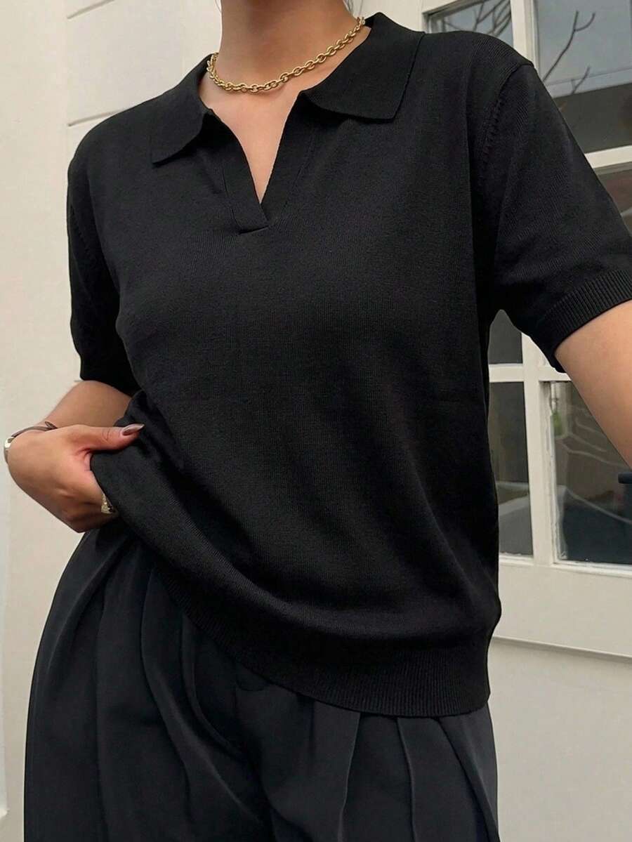 Dazy Plus Top de punto casual de manga corta con cuello polo, patchwork de bloques de color, divertido para ir al trabajo, talla grande para mujer, primavera-verano - Negro - Ver 1