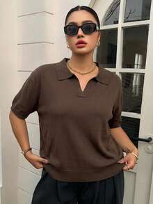 Dazy Plus Fun Commute Color Block Patchwork Polo Collar Casual Short Sleeve Plus Size Women Spring Summer Knit Top - Brown - View 2